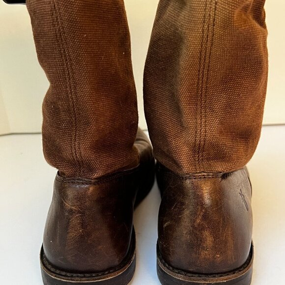 Frye Paige Short Riding Boots Brown Canvas & Leather Pull On Mid Calf 6.5 (READ) - Picture 6 of 15